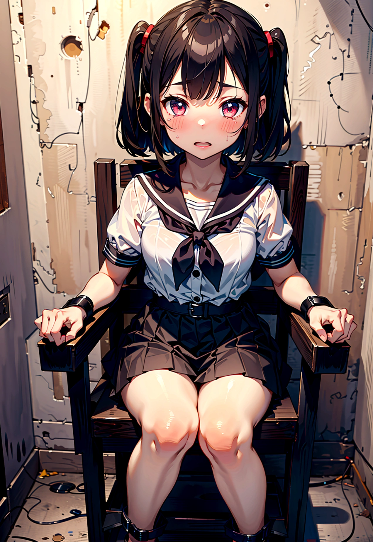 1 girl, (blushing, terrified, crying), tied to a chair, straped to chair, (tight clothing, short sleeve, mini-skirt, sailor uniform), (inside basement, underground), (wrist cuffs, ankle cuffs, wrists tied, ankles tied), perfect body, detailed face, detailed eyes, full body, image taken from afar