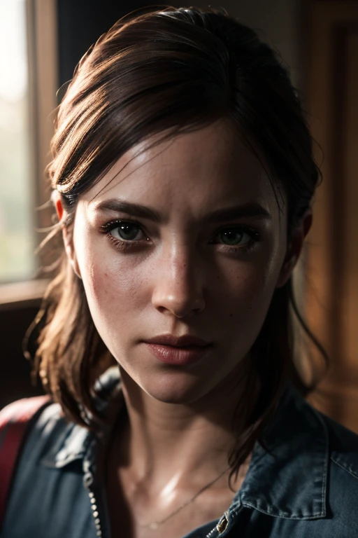 Ellie, tlou2, Porträt, Sonnenstrahlen, Betrachter betrachten, preisgekrönt, (8k, RAW-Foto, beste Qualität, Meisterwerk:1.2),ultra-detailliert, (hochdetaillierte Haut:1.2), 8k uhd, dslr, sanfte Beleuchtung, gute Qualität, 