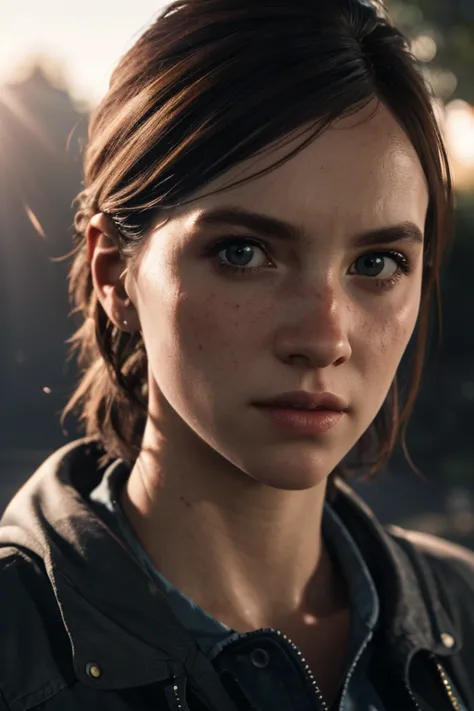 Ellie, tlou2, portrait, sun rays, looking at viewer, award-winning, (8k, RAW photo, best quality, masterpiece:1.2),ultra-detaile...