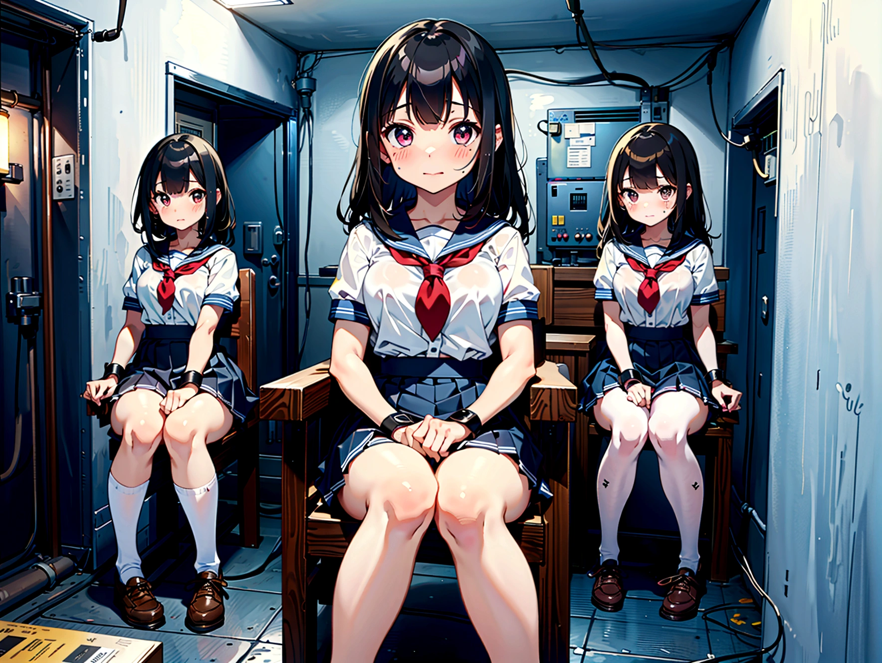 3 girls, (blushing, terrified, crying), tied to a chair, straped to chair, (((tight clothing, short sleeve, mini-skirt, sailor uniform))), (inside basement, underground), (wrist cuffs, ankle cuffs, wrists tied, ankles tied), perfect body, detailed face, detailed eyes, full body, image taken from afar