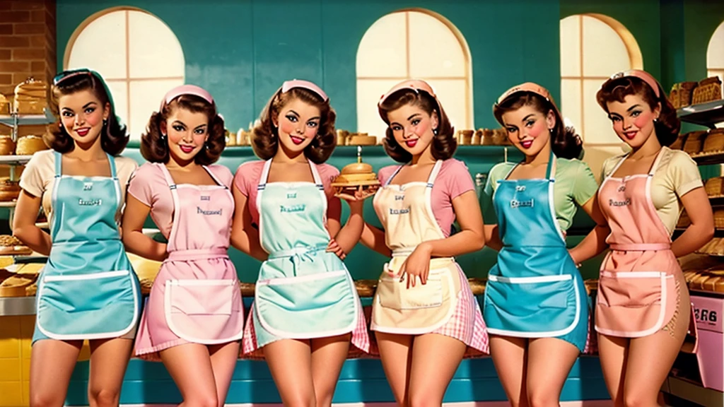 Fotografia em filme 35mm de garotas morenas sexy em uma padaria em aventais estilo pin-up em cores pastéis brilhantes