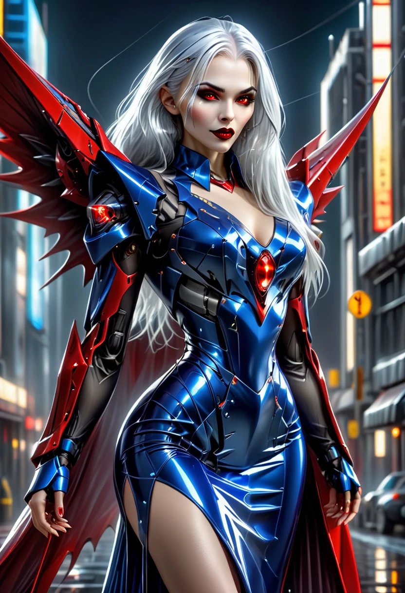 ((a photorealistic glamour shot of an exquisite, glamour mecha female vampire: 1.5)), ((full body: 1.3)), ultra feminine, pale face, silver hair, long vibrant shiny hair, glamorous hair,  red eyes, miniatures mechanical , deep penetrating eyes, red lips, lustful lips, ((two visible vampiric fangs: 1.5), drops of blood dripping from the mouth, ((cyberpunk style: 1.5)), she wears (blue elegant glamour dress, with small delicate mechanical parts: 1.4), digital parts,  intricate details, the dress is studded with diamonds, tight suit, dynamic color, high heels, cyberpunk street at night background, (highest quality:1.2, Very detailed, up to date, Vibrant, Ultra-high resolution, High Contrast, masterpiece:1.2, highest quality, Best aesthetics), best details, best quality, highres, ultra wide angle, 16k, [ultra detailed], masterpiece, best quality, (extremely detailed), Genetically modified..., Cinematic Hollywood Film, nijimecha, liquid dress