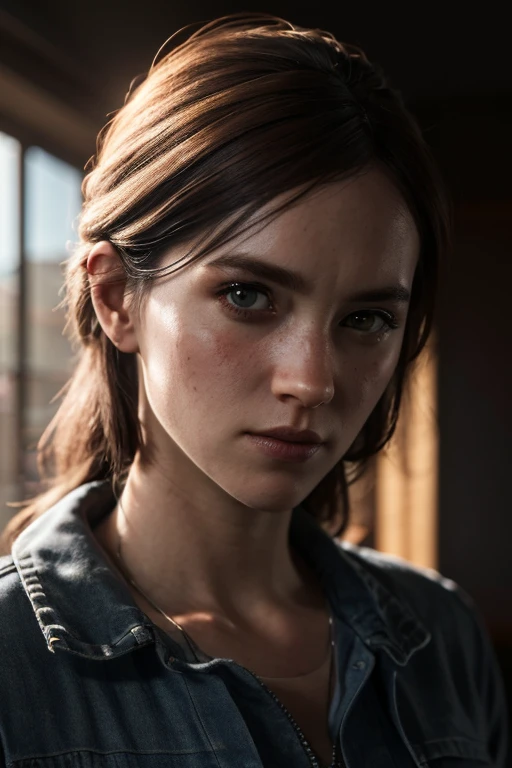 Элли, tlou2, портрет, солнечные лучи, смотрю на зрителя, отмеченный наградами, (8К, RAW-фото, Лучшее качество, шедевр:1.2),ультрадетализированный, (скин с высокой детализацией:1.2), 8К uhd, зеркальная камера, мягкое освещение, высокое качество, 