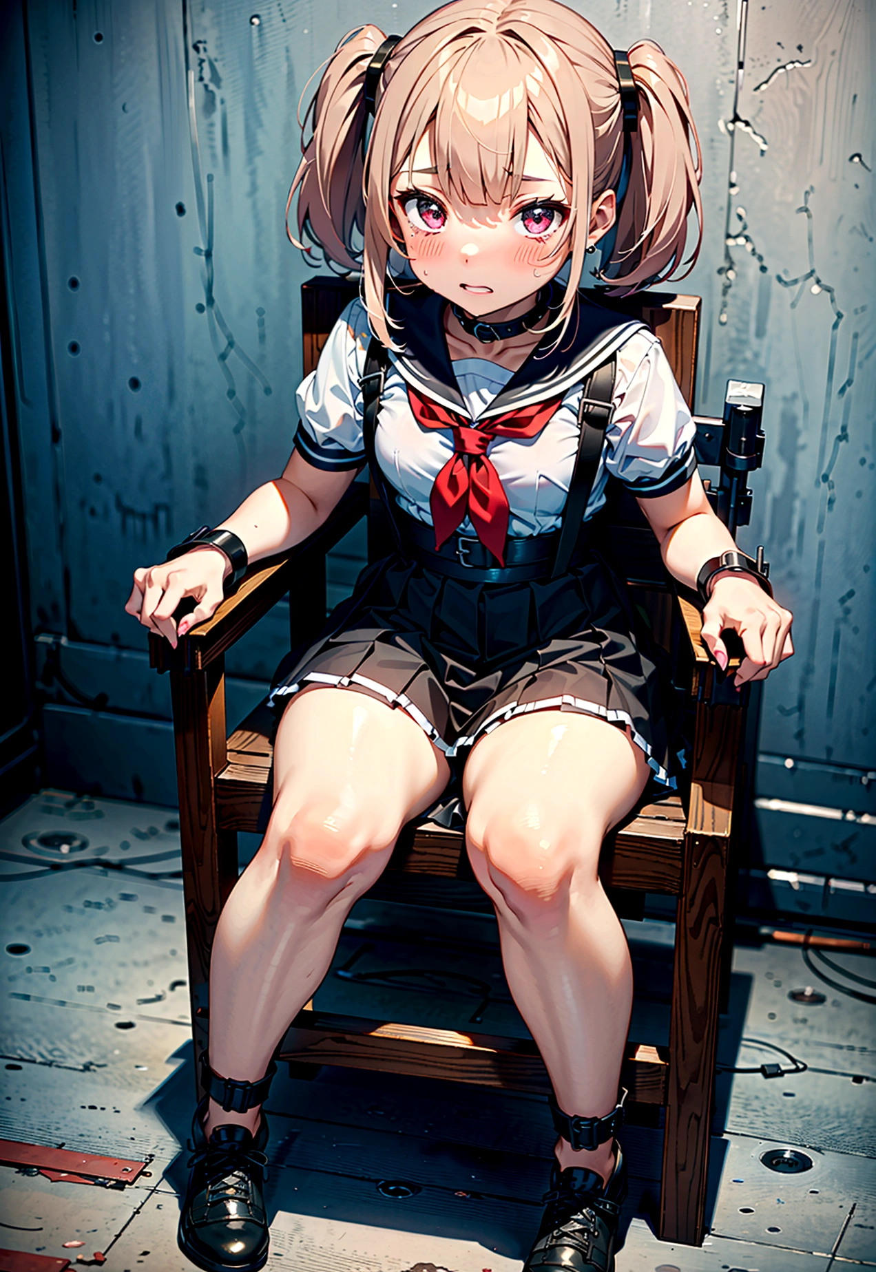1 girl, (blushing, terrified, crying), tied to a chair, straped to chair, ring gag (short sleeve, mini-skirt, sailor uniform), (inside basement, underground), (wrist cuffs, ankle cuffs, wrists tied, ankles tied), perfect body, detailed face, detailed eyes, full body, image taken from afar
