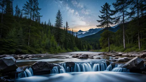 full moon night, mountain, waterfall, forest.