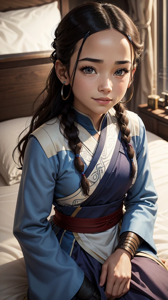 Katara, 1girl, fantasy, highres,  looking_away, looking_to_the_side,  original, realistic,   scenery,  Close-up, upper_body, smiling, action pose,on_bed,