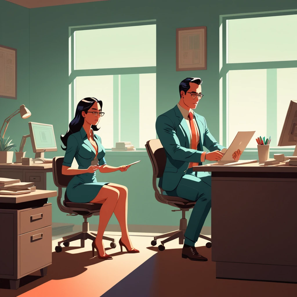 Concept art of a man and woman sitting at a desk, Atei Gailan Style, Atei Gailan 8K, Detailed 2D illustrations, James Gillard style, Just a joke, By Atey Gairan, Flat Illustration, Digital Illustration -, Seb McKinnon, Official illustrations, inspired By Atey Gairan, Artwork by James Gillard,(Supersaturation:1.3) . Digital Art, Descriptive, Picturesque, Matte Paint, Very detailed