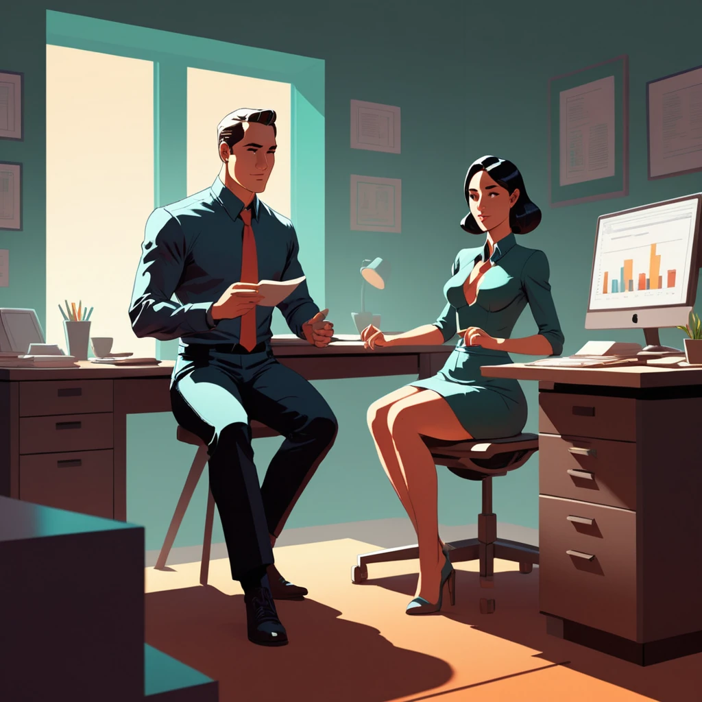 Concept art d'un homme et d'une femme assis à un bureau, Style Atei Gailan, Atei Gailan 8K, Illustrations 2D détaillées, Style de James Gillard, Juste une blague, Par Atey Gairan, illustration plate, illustration numérique -, seb mckinnon, illustrations officielles, inspired Par Atey Gairan, Œuvre de James Gillard,(Sursaturation:1.3) . art numérique, descriptif, pittoresque, Peinture mate, très détaillé