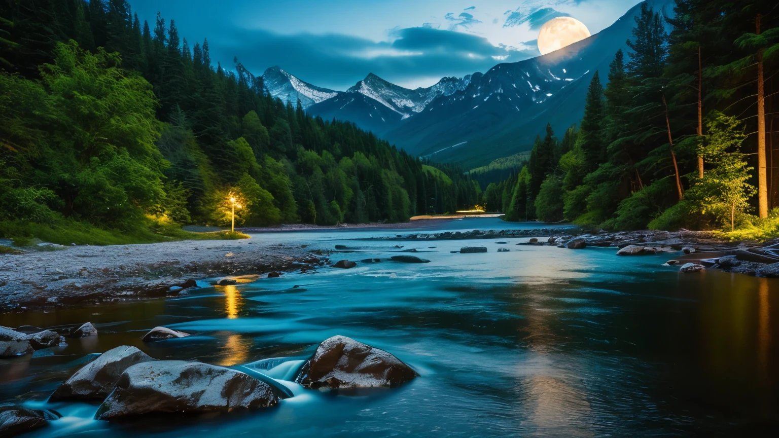 Full moon night, Mountain, waterfall, forest.