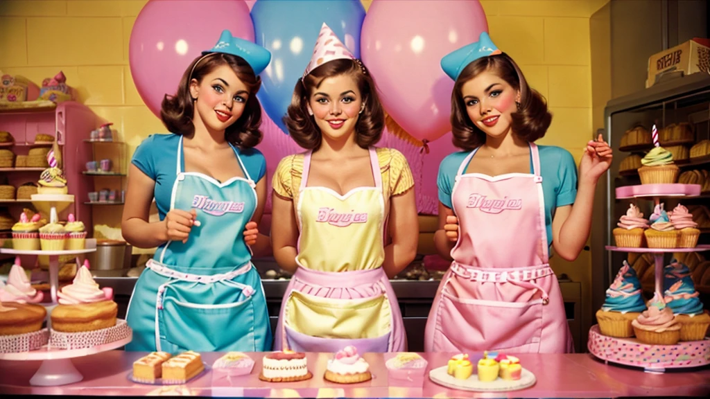 Fotografia de filme 35mm garotas morenas sexy em uma padaria em aventais estilo cachorrinho e poses laterais bolos doces balões aniversário em estilo pinup cores pastel brilhantes