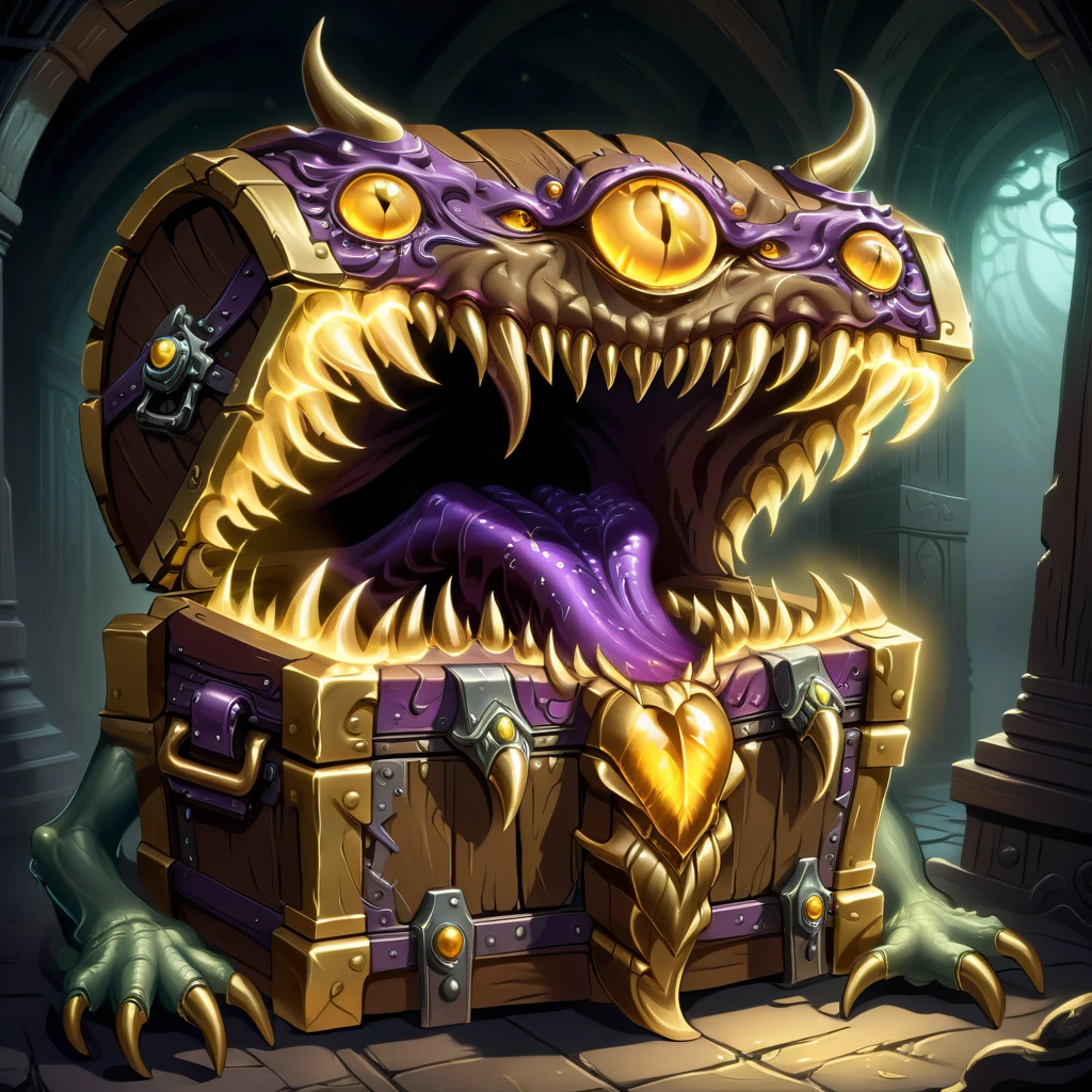 a monster disguised as a treasure chest, highly detailed, intricate design, ornate golden accents, glowing magical aura, sharp claws and teeth, ominous presence, fantasy, dark moody lighting, cinematic composition, dramatic shadows, rich colors, digital painting, concept art, award-winning