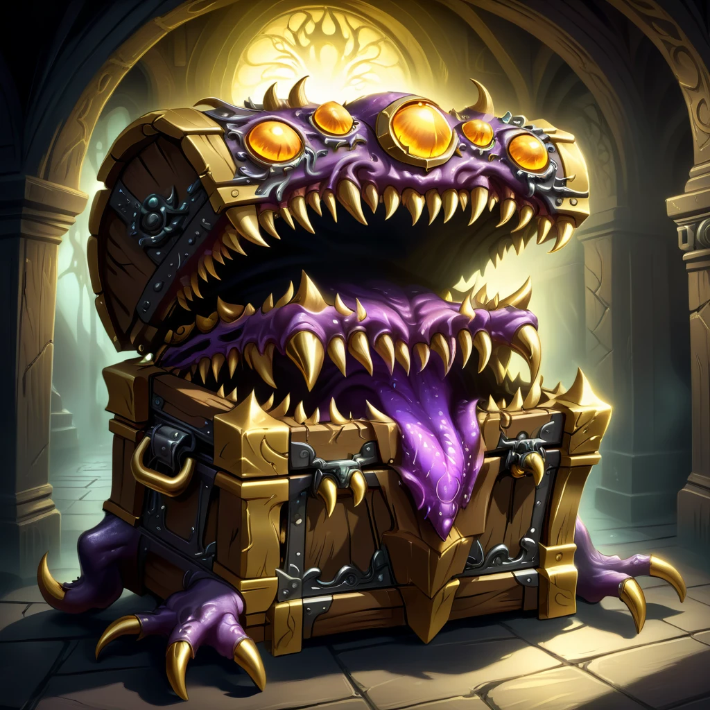 a monster disguised as a treasure chest, highly detailed, intricate design, ornate golden accents, glowing magical aura, sharp claws and teeth, ominous presence, fantasy, dark moody lighting, cinematic composition, dramatic shadows, rich colors, digital painting, concept art, award-winning