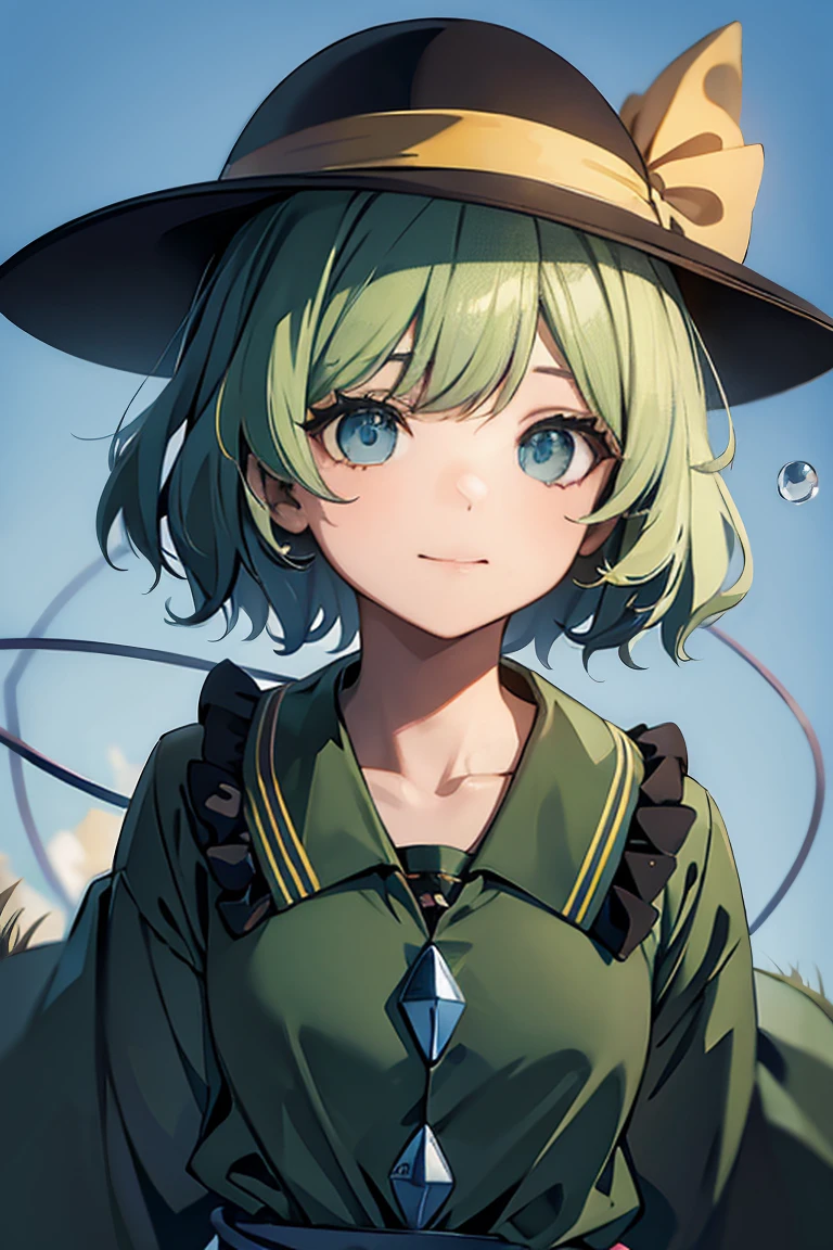 Koishi Komeiji.Bobcut.Long Bangs.Green hair color.cool.Blue background.Hat with yellow ribbon.Creepy Smile.