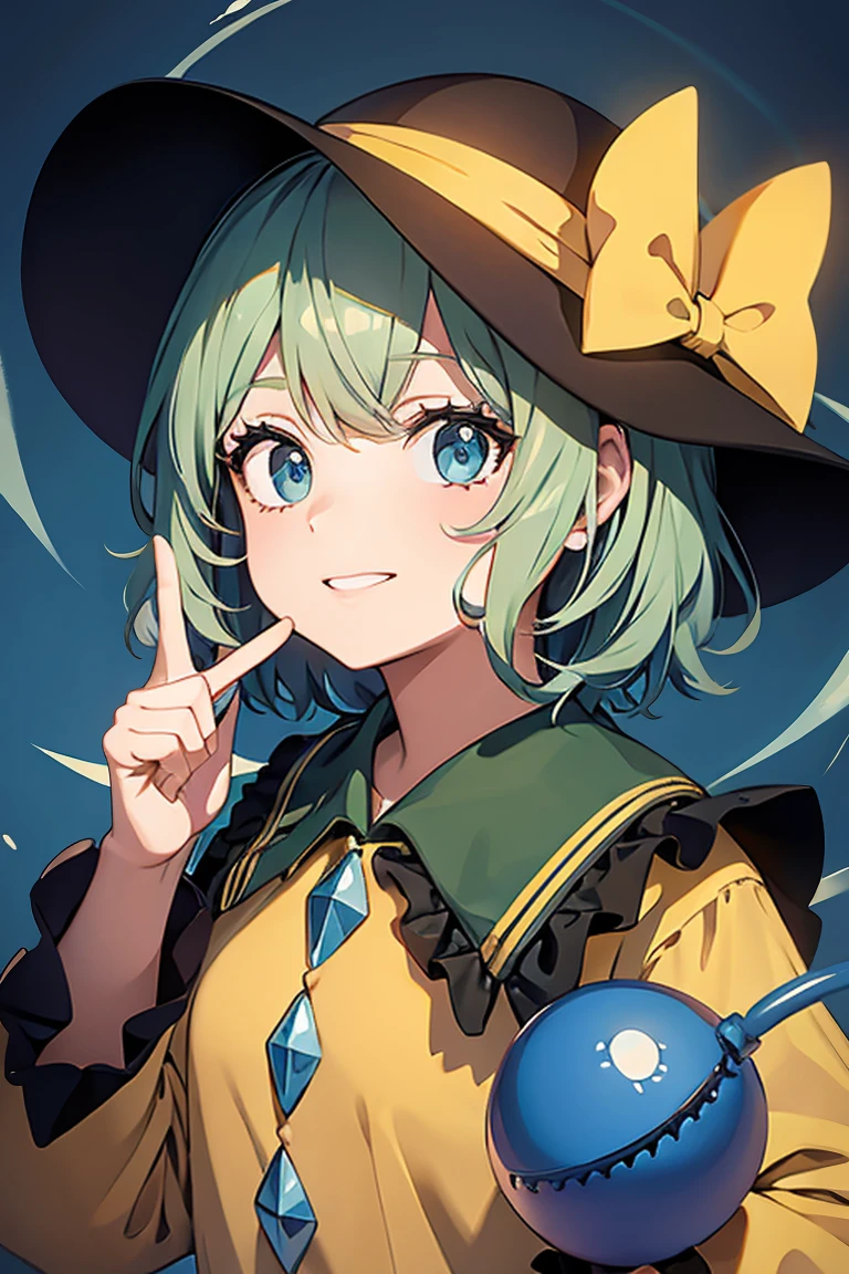 Koishi Komeiji.Bobcut.Long Bangs.Green hair color.cool.Blue background.Hat with yellow ribbon.Creepy Smile.