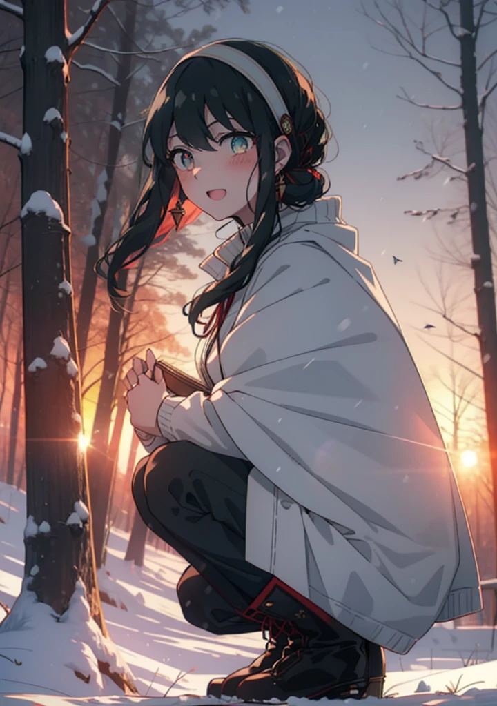 Your thorns, One Girl, blush, Black Hair,Red eyes, hair band, jewelry, Earrings, happy smile, smile, Open your mouth,
Open your mouth,snow,Ground bonfire, Outdoor, boots, snowing, From the side, wood, suitcase, Cape, Blurred, Eat food, forest, White handbag, nature,  Squat, Mouth closed, フードed Cape, winter, Written boundary depth, Black shoes, red Cape,evening,Sunset,The sun is setting, break looking at viewer, Upper Body, whole body, break Outdoor, forest, nature, break (masterpiece:1.2), Highest quality, High resolution, unity 8k wallpaper, (shape:0.8), (Beautiful and beautiful eyes:1.6), Highly detailed face, Perfect lighting, Highly detailed CG, (Perfect hands, Perfect Anatomy),