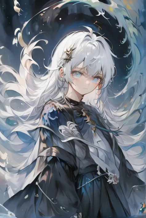 a close up of a person with white hair and a blue dress, white haired deity, white-haired, highly detailed exquisite fanart, nag...