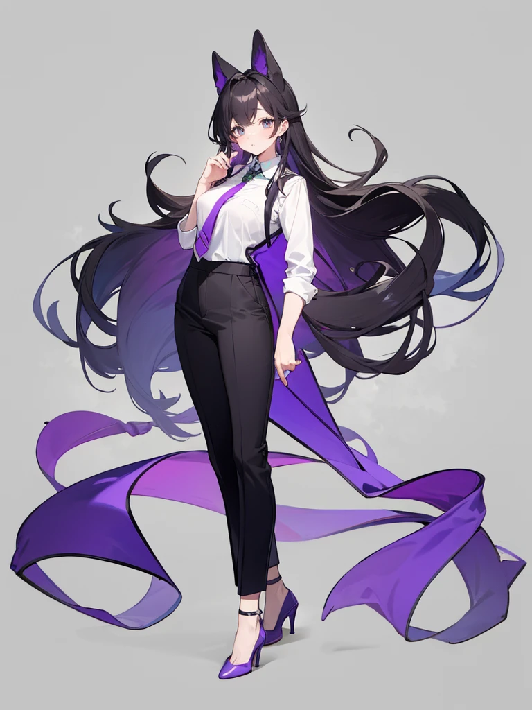 purple,High cut layered hair,woman,bartender,vest,shirt,tie,pants,high heels,all,simple background,smile,whole body,full body,full body,Standing picture,vtuber,upright,,look forward to,body facing forward