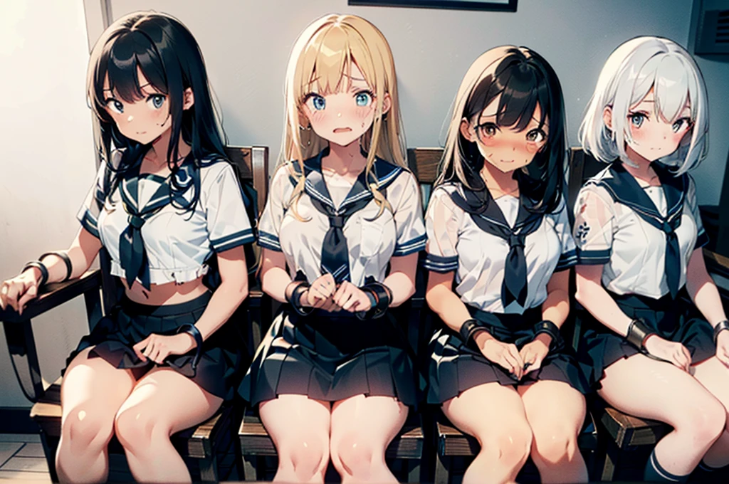 ((3 girls)), strapped to chairs, tied up, (blushing, red face, crying, terrified), (ankle cuffs, ankles tied, wrist cuffs, wrists tied), long hair, beautiful eyes, (((short sleeves, tight clothing, sailor uniform, mini-skirt))), perfect body, perfect face, perfect eyes, detailed eyes, full body