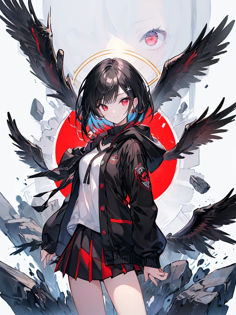 (masterpiece, highest quality, highest quality, (No text), Beautiful and aesthetic:1.2),No text,アニメ、 BREAK,One Girl，Short black hair　Beautiful eyes　Red eyes　Beautiful girl　cool　smile　Black Coat　mini skirt　whole body　Night view　Detailed eyes and face
