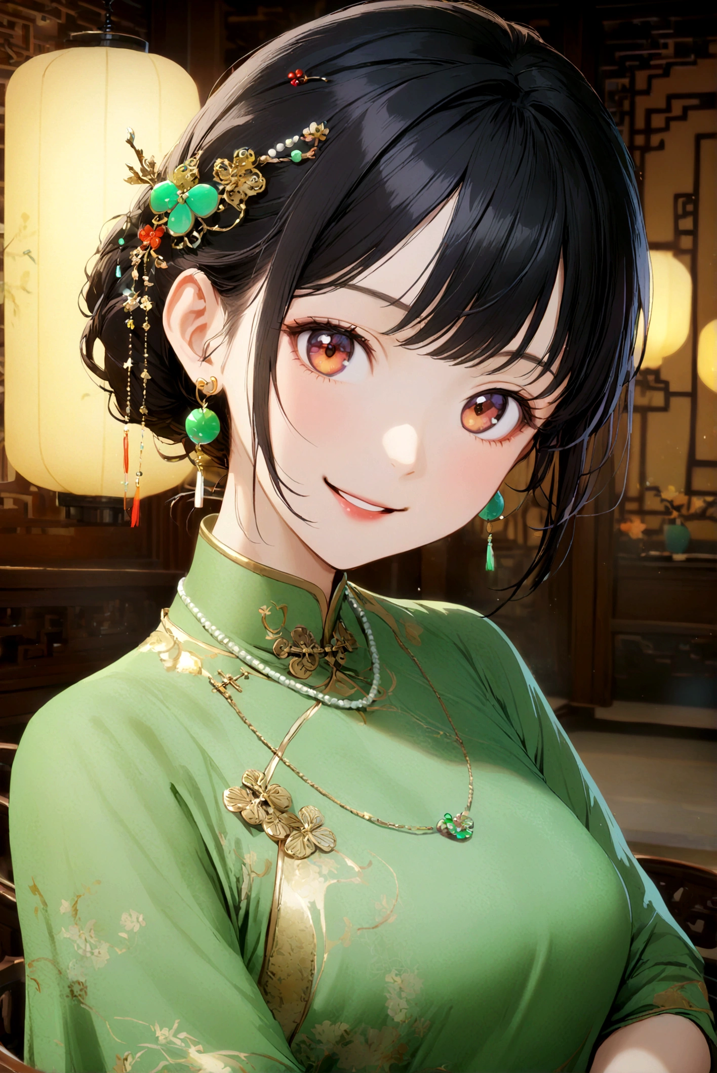 1girl, solo, looking at viewer, smile, black hair, hair ornament, dress, jewelry, upper body, earrings, indoors, necklace, chinese clothes, green dress