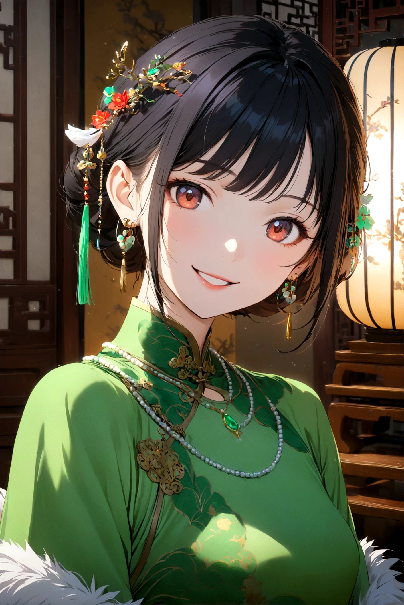 1girl, solo, looking at viewer, smile, black hair, hair ornament, dress, jewelry, upper body, earrings, indoors, necklace, chinese clothes, green dress