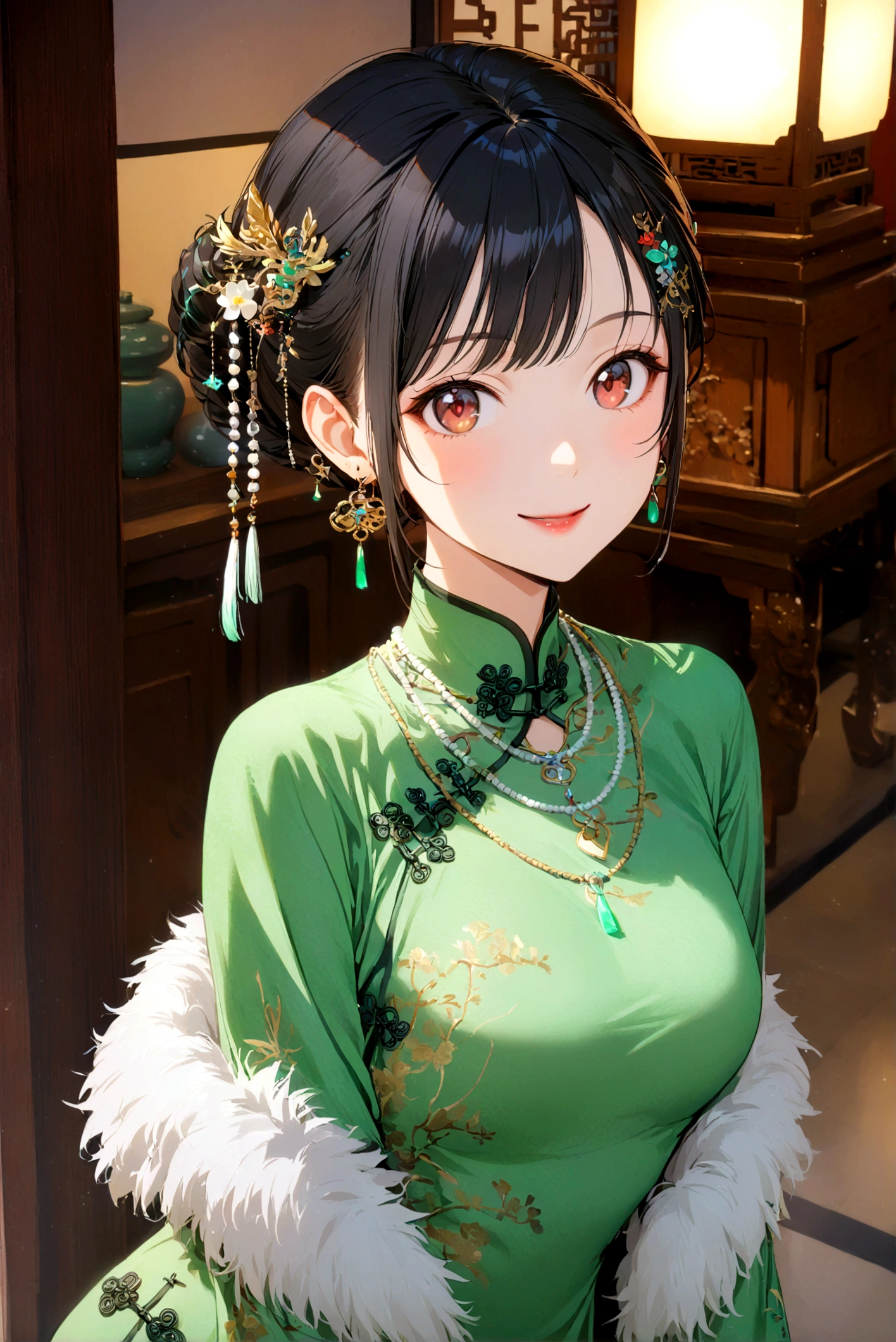 1girl, solo, looking at viewer, smile, black hair, hair ornament, dress, jewelry, upper body, earrings, indoors, necklace, chinese clothes, green dress