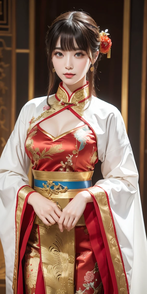 Beautiful woman, Chinese Martial Arts, Martial arts master woman, 26 year old adult, The body is slim, Medium Chest, Height: 170cm, tall sexy woman, Traditional Chinese Costume, 生地high qualityのシルク, 生地超high quality, There is a lot of light reflection, that&#39;long dress with white collar and red lining., Gorgeous phoenix embroidery using gold thread, gold decoration on black belt, Long Hair, Black Hair, Beautiful Face, Heavy makeup, Dark lipstick, Cold and scary eyes with blue light streaming through them, Sharp eyes, Looking at the audience. Beautiful smile, Elegant hair fluttering in the wind, Very weak waves, Deep blue autumn sky, Portrait Pose, sedentary woman, Head to waist view, Chinese woman resting on a rock in the forest, 超High resolution, Accurate, masterpiece, Anatomically aAccurate., Textured skin, Super detailed, Detailed, high quality, 最high quality, High resolution, 4K