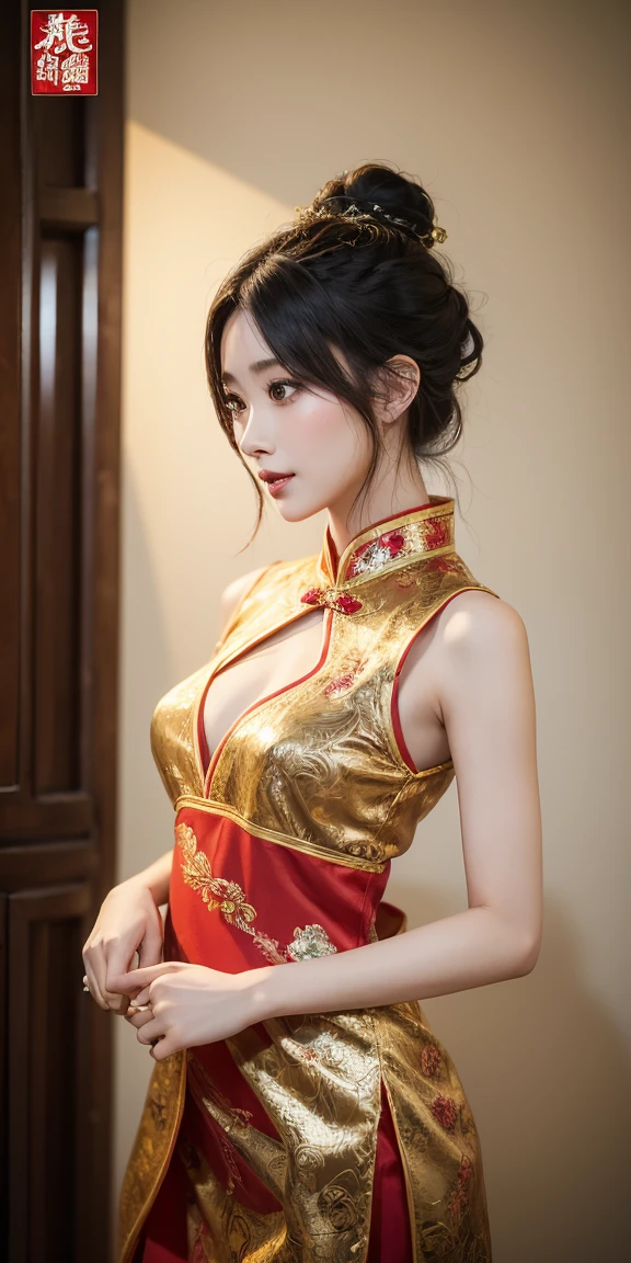 Beautiful woman, Chinese Martial Arts, Martial arts master woman, 26 year old adult, The body is slim, Medium Chest, Height: 170cm, tall sexy woman, Traditional Chinese Costume, high quality silk fabric, Fabric: Super high quality, There is a lot of light reflection, that&#39;long dress with white collar and red lining., Gorgeous phoenix embroidery using gold thread, gold decoration on black belt, Long Hair, Black Hair, Beautiful Face, Heavy makeup, Dark lipstick, Cold and scary eyes with blue light streaming through them, Sharp eyes, Looking at the audience. Beautiful smile, Elegant hair fluttering in the wind, Very weak waves, Deep blue autumn sky, Portrait Pose, sedentary woman, Head to waist view, Chinese woman resting on a rock in the forest, 超High resolution, Accurate, masterpiece, Anatomically aAccurate., Textured skin, Super detailed, Detailed, high quality, 最high quality, High resolution, 4K