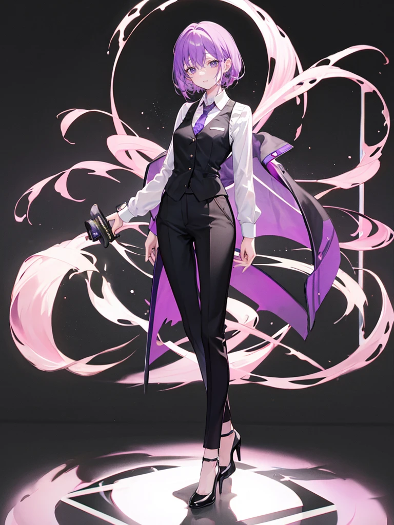 purple,High cut layered hair,woman,bartender,vest,shirt,tie,pants,high heels,all,simple background,smile,whole body,full body,full body,Standing picture,vtuber,upright,,look forward to,body facing forward