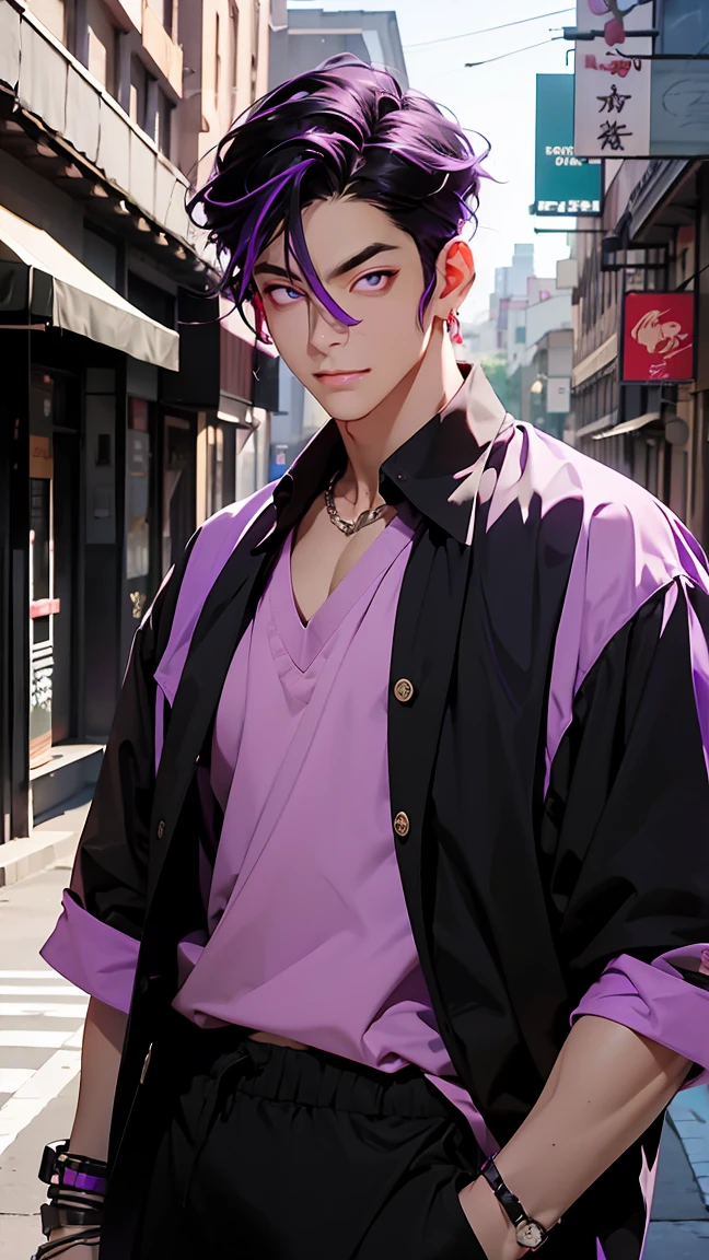 highest quality, 8K, high resolution image, anime style Jujutsu Kaisen, (Iori_suiseki), detailed strokes, bored look , blurred, purple light reflecting from it, (close angle), 1 man, young, male, model, hand in pocket, cool guy, multicolored Background with various geometric shapes, around stickers, muscular,Black hair, purple eyes, multicolored hair, purple hair, hair between eyes, highlighted hair ,swollen chest, Black short-sleeved button-down shirt, Casual trousers, Background: big City, Streets, Park, People, blue sky, Cars, dance club