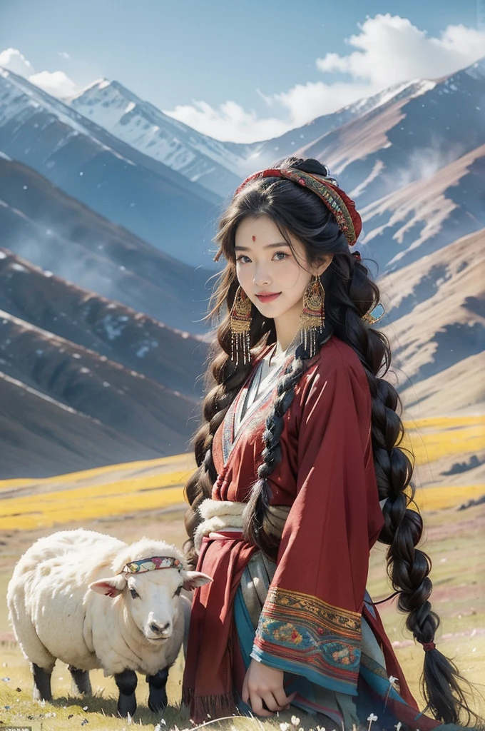 (((Лучшее качество))),(((Ультра подробный))),(((шедевр))),иллюстрация,красивая тибетская девушка,Один,Стройный,плоская грудь,Плюшевая шапка,заснеженное плато,великолепный красный традиционный наряд,сияющая улыбка,Стоя на обочине,обширные зеленые луга,величественные заснеженные вершины,эффектный внешний вид,Темные миндалевидные глаза,сверкающий от радости,длинные распущенные черные волосы,сложные косы,разноцветные бусины,ювелирные изделия,ленты сложного плетения,красный халат, расшитый золотыми нитками,Тибетская культура,пышные зеленые луга,спокойная атмосфера,пасутся овцы и яки,свежий воздух,бодрящий аромат высокогорья,красота и стойкость,блаженство