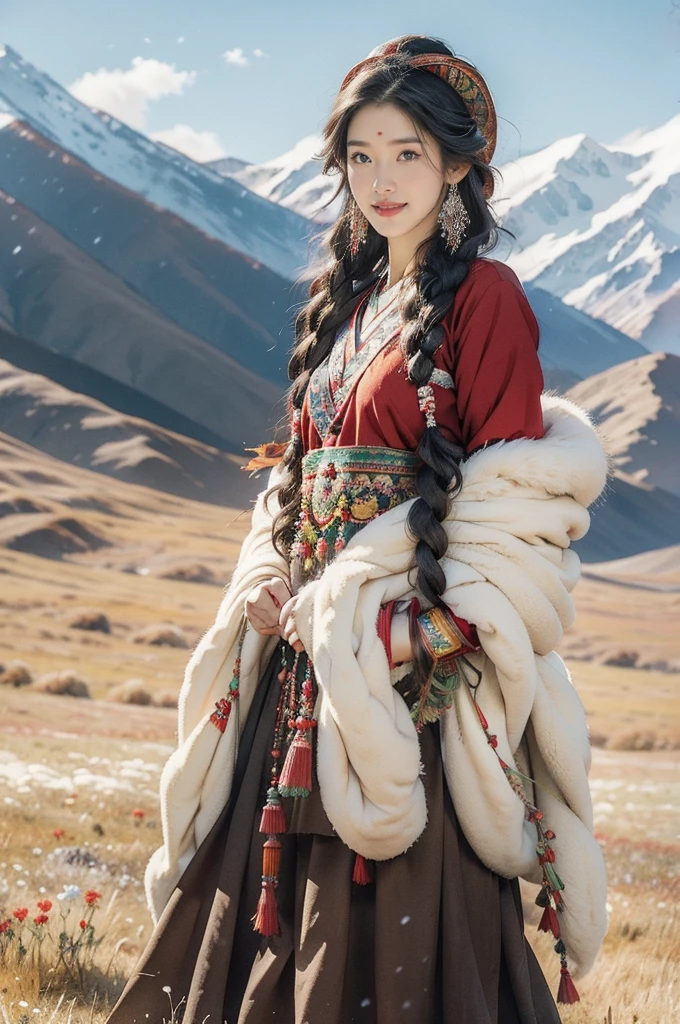 (((Лучшее качество))),(((Ультра подробный))),(((шедевр))),иллюстрация,красивая тибетская девушка,Один,Стройный,плоская грудь,Плюшевая шапка,заснеженное плато,великолепный красный традиционный наряд,сияющая улыбка,Стоя на обочине,обширные зеленые луга,величественные заснеженные вершины,эффектный внешний вид,Темные миндалевидные глаза,сверкающий от радости,длинные распущенные черные волосы,сложные косы,разноцветные бусины,ювелирные изделия,ленты сложного плетения,красный халат, расшитый золотыми нитками,Тибетская культура,пышные зеленые луга,спокойная атмосфера,пасутся овцы и яки,свежий воздух,бодрящий аромат высокогорья,красота и стойкость,блаженство