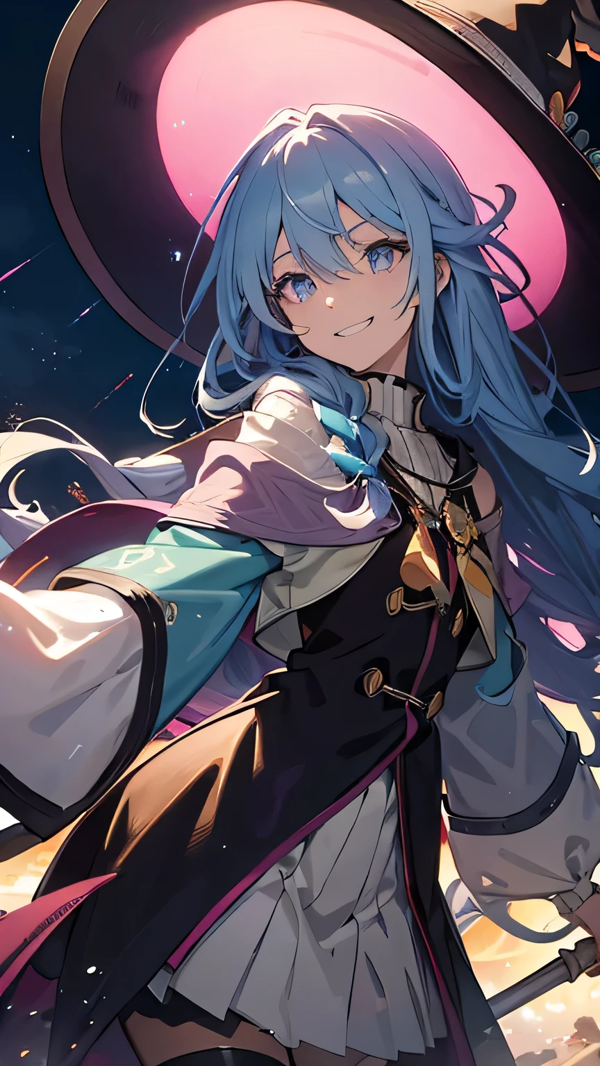 rainbow hair, hair over shoulder, messy hair, hair over eyes, witch hat, wizard hat, grin, bright pupils, happy, anime, cinematic lighting, UHD, ((masterpiece)), super detail, (detailed eyes, detailed face), high quality, highres, high details, Witch with powerful magical light, female wizard, wide-brimmed hat, wizard's staff, wand, A torrent of light, colorful rays intersecting, Right arm thrust out in front