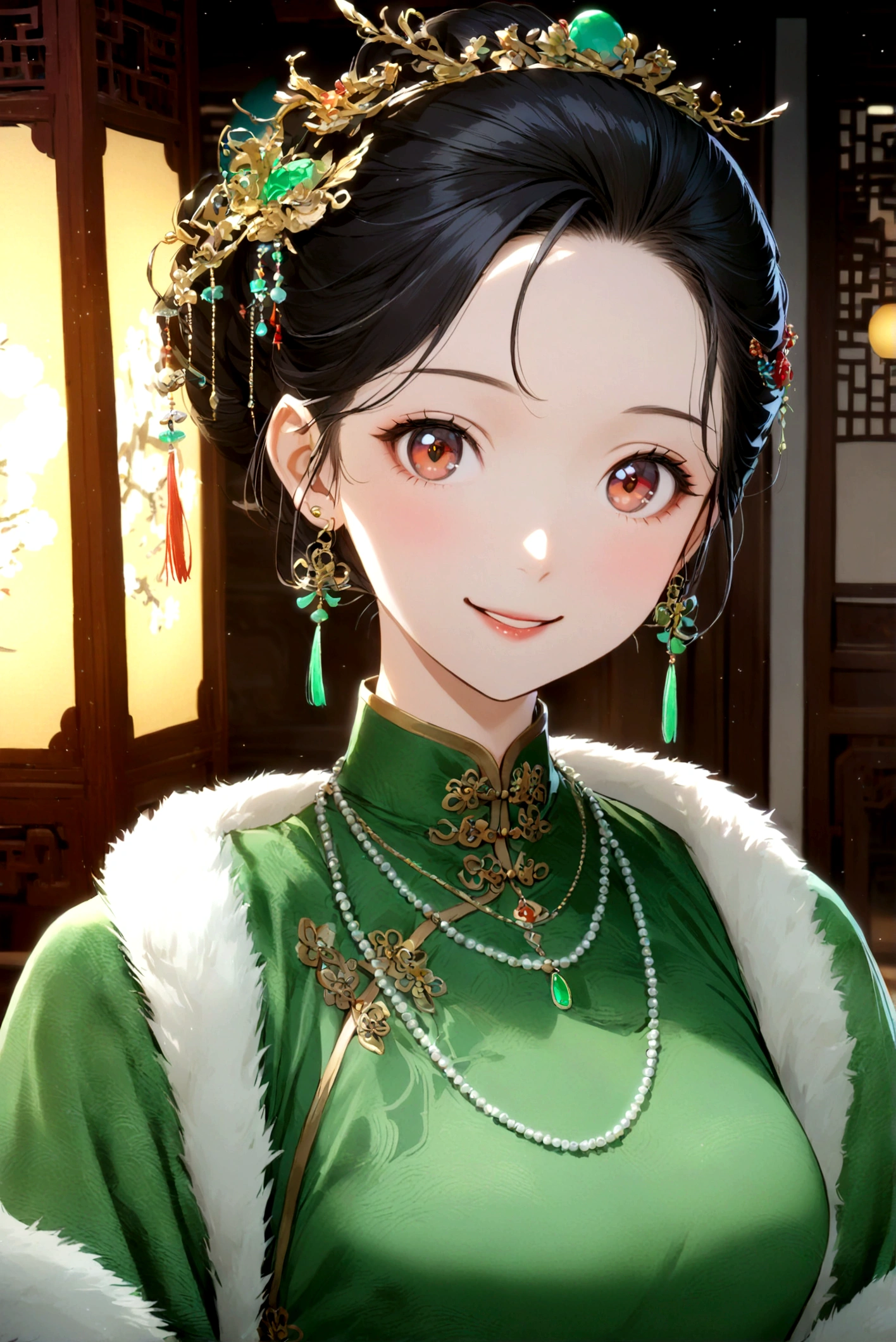 1girl, solo, looking at viewer, smile, black hair, hair ornament, dress, jewelry, upper body, earrings, indoors, necklace, chinese clothes, green dress