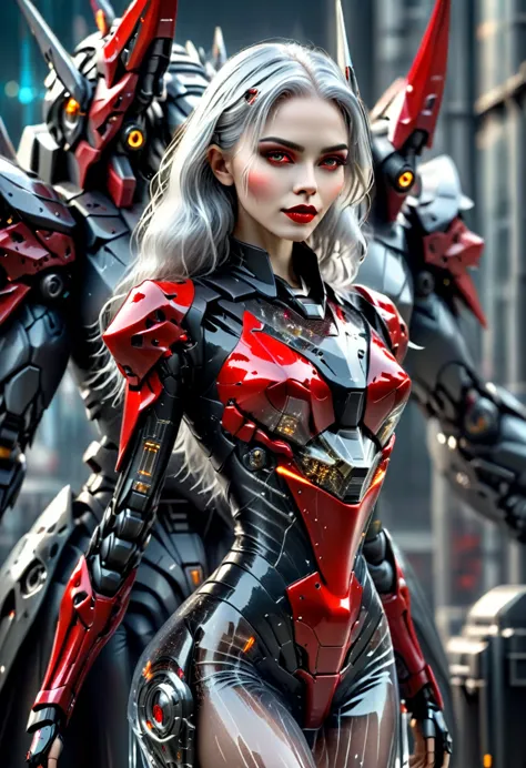 ((a photorealistic glamour shot of an exquisite, glamour mecha female vampire: 1.5)), ((full body: 1.3)), ultra feminine, pale f...