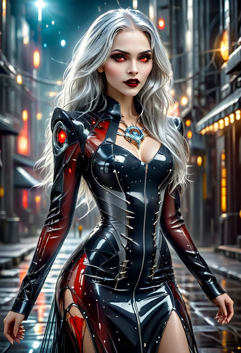 ((a photorealistic glamour shot of an exquisite, glamour mecha female vampire: 1.5)), ((full body: 1.3)), ultra feminine, pale face, silver hair, long vibrant shiny hair, glamorous hair,  red eyes, miniatures mechanical , deep penetrating eyes, red lips, lustful lips, ((two visible vampiric fangs: 1.5), drops of blood dripping from the mouth, ((cyberpunk style: 1.5)), she wears (blue elegant glamour dress, with small delicate mechanical parts: 1.4), digital parts,  intricate details, the dress is studded with diamonds, tight suit, dynamic color, high heels, cyberpunk street at night background, (highest quality:1.2, Very detailed, up to date, Vibrant, Ultra-high resolution, High Contrast, masterpiece:1.2, highest quality, Best aesthetics), best details, best quality, highres, ultra wide angle, 16k, [ultra detailed], masterpiece, best quality, (extremely detailed), Genetically modified..., Cinematic Hollywood Film, aetherpunkai, liquid dress