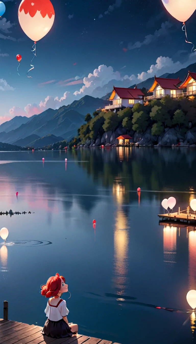 En una noche oscura, en un lago, al fondo una montaña con algunas casas blancas y un techo rojo, con muchos globos de cantoya flotando por el cielo y algunos sobre el lago, fuera de foco una mujer mirando al cielo, sentado en el borde de un pequeño muelle, 