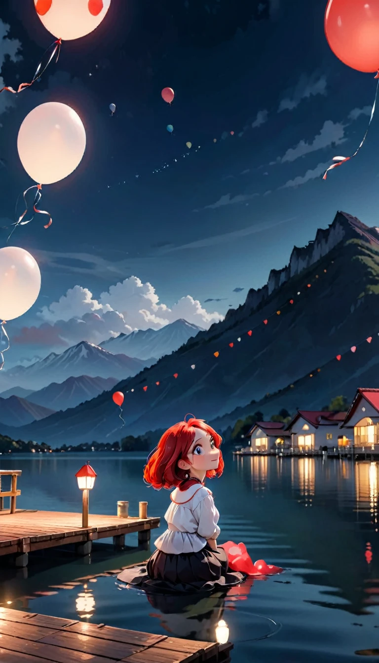 Dans une nuit sombre, Dans un lac, en arrière plan une montagne avec quelques maisons blanches et un toit rouge, avec de nombreux ballons cantoya flottant dans le ciel et certains au-dessus du lac, floue une femme regardant le ciel, assis au bord d'une petite jetée, 