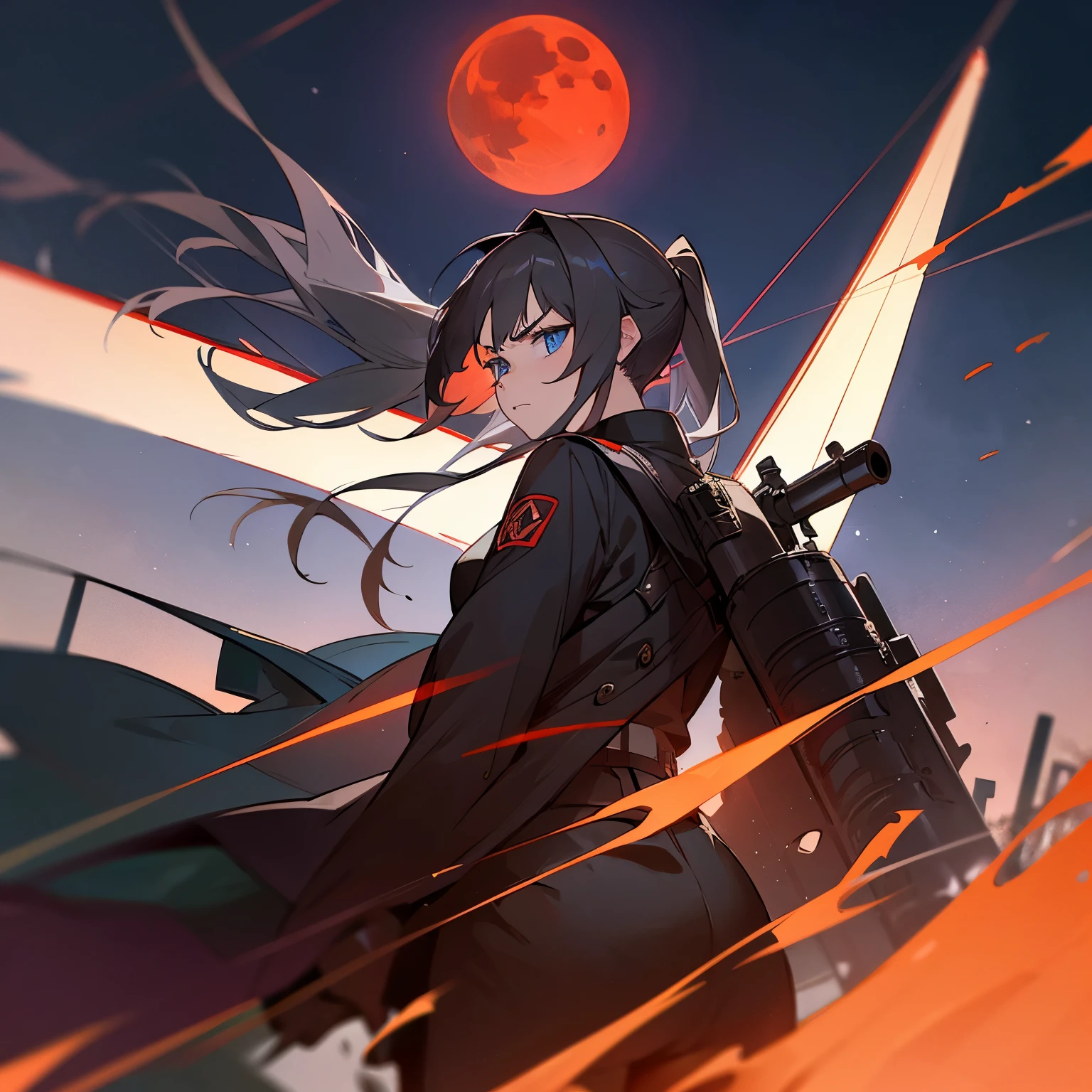 Facing forward　girl　uniform(black) Spectacular Background　A shooting star is falling　Beautiful night view　ponytail　My hair reaches down to my butt　She is on the right　On the left you can see the destroyed city.　He has a big sniper rifle　A slightly annoyed face　The main gun of the Yamato battleship is attached to the back.　The clothes have airplanes on them　A fighter jet is flying at the top of the background　Red Moon　blue eyes　It has mechanical wings on its back.