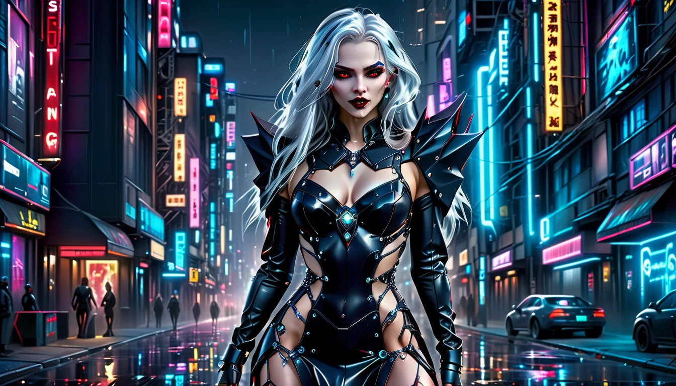 ((a photorealistic glamour shot of an exquisite, glamour mecha female vampire standing in a cyberpunk street: 1.5)), ((full body: 1.5)), ultra feminine, pale face, silver hair, long vibrant shiny hair, glamorous hair,  red eyes, miniatures mechanical , deep penetrating eyes, red lips, lustful lips, ((two visible vampiric fangs: 1.5), drops of blood dripping from the mouth, ((cyberpunk style: 1.5)), she wears (blue elegant glamour dress, with small delicate mechanical parts: 1.4), digital parts,  intricate details, the dress is studded with diamonds, tight suit, dynamic color, high heels, cyberpunk street at night background, (highest quality:1.2, Very detailed, up to date, Vibrant, Ultra-high resolution, High Contrast, masterpiece:1.2, highest quality, Best aesthetics), best details, best quality, highres, ultra wide angle, 16k, [ultra detailed], masterpiece, best quality, (extremely detailed), Genetically modified..., Cinematic Hollywood Film, nijimecha, liquid dress