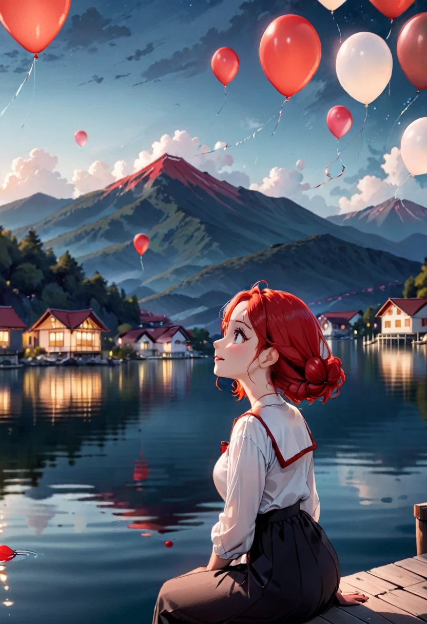 Par une nuit sombre, sur un lac, en arrière plan une montagne avec quelques maisons blanches et un toit rouge, avec de nombreux ballons cantoya flottant dans le ciel et certains au-dessus du lac, floue une femme regardant le ciel, assis sur le bord d&#39;un petit quai,