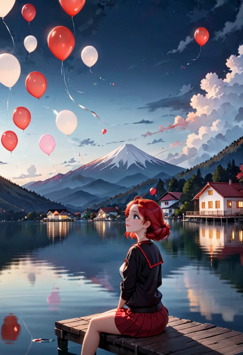On a dark night, on a lake, in the background a mountain with some white houses and a red roof, with many cantoya balloons floating in the sky and some above the lake, out of focus a woman looking up at the sky, sitting on the edge of a small dock,