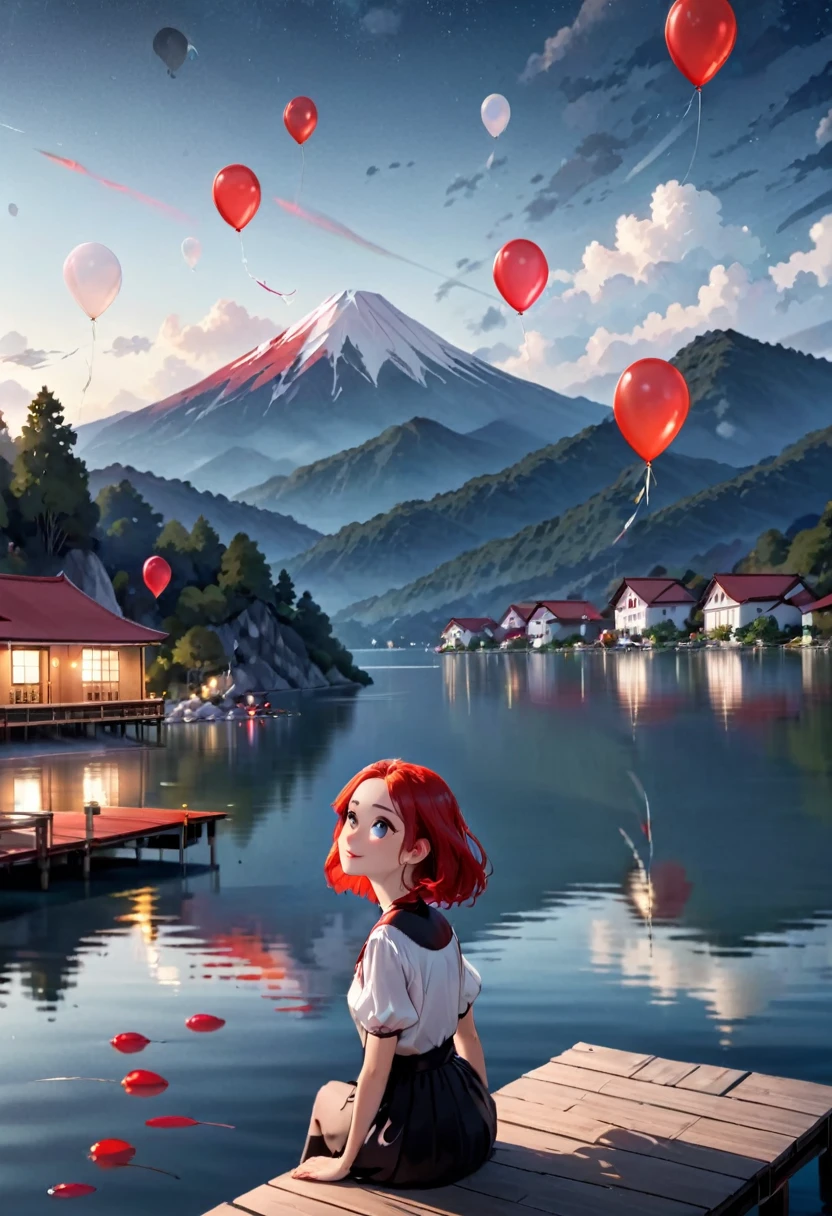 On a dark night, on a lake, in the background a mountain with some white houses and a red roof, with many cantoya balloons floating in the sky and some above the lake, out of focus a woman looking up at the sky, sitting on the edge of a small dock,