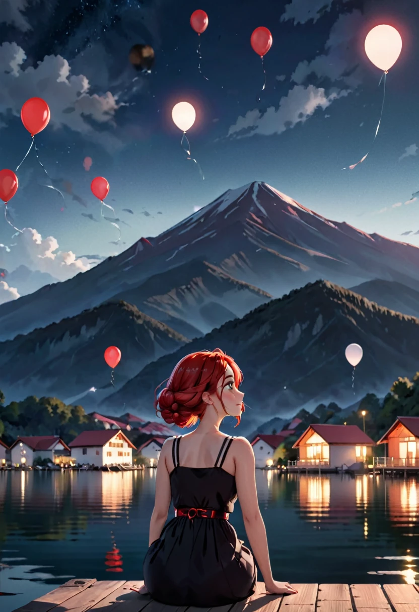 in einer dunklen Nacht, an einem See, im Hintergrund ein Berg mit einigen weißen Häusern und einem roten Dach, mit vielen Cantoya-Ballons, die am Himmel schweben und einige über dem See, Unscharf eine Frau, die in den Himmel schaut, sitzen am Rand eines kleinen Docks,