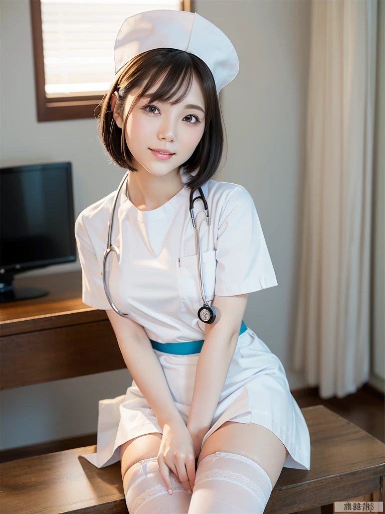 (Highest quality: 1.5), (Realistic: 1.5), (1 person: 1.5), (Very detailed), (High resolution), 8K, Shoot from below, (Japanese women), ((wear White nurse uniform)), (Nurse cap), (Wear a micro mini skirt), (Medium chest), Natural color lips, Cute Smile, 20-year-old girl, (Beautiful and elaborate face), (Perfect and beautiful face), (Big eyes), (Beautiful and elaborate face), (Left/right balance) Beautiful Eyes), Beautiful double eyelids, Perfect and beautiful face, thin arched eyebrows, Slim face, (Slim figure), Beautiful thin nose, Beautiful Skin, (Medium Bob Hair), Natural Bangs, Fair skin, Front view Lighting, (Facial lighting), Dark blue eyes, Slim waistline, Slender and beautiful legs, nurse, Stethoscope, (Sitting on the operating table), (Wearing a white garter belt and white knee-high stockings), white nurse clothes, operating room、((White nurse clothes)), ((White Micro Mini Skirt)), pure white,