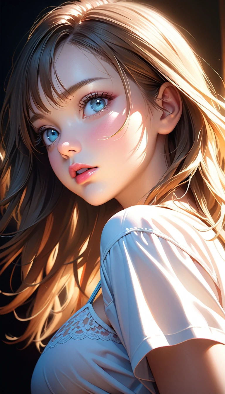 a young girl, 15 years old, wearing a white shirt with a bra visible underneath, photorealistic, hyperrealistic, high quality, masterpiece, realistic, Fcup breasts, detailed face, beautiful eyes, beautiful lips, long eyelashes, intricate details, realistic skin texture, studio lighting, sharp focus, vivid colors, cinematic lighting, dramatic shadows, dynamic pose, detailed clothing folds, natural background