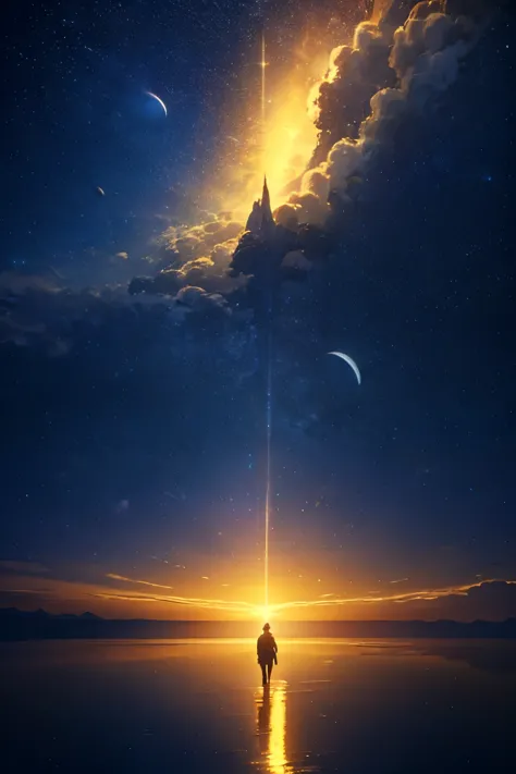 (Highly detailed CG Unity 8k wallpaper), A man looking up at the night sky, The most beautiful space art panorama, SF universe s...