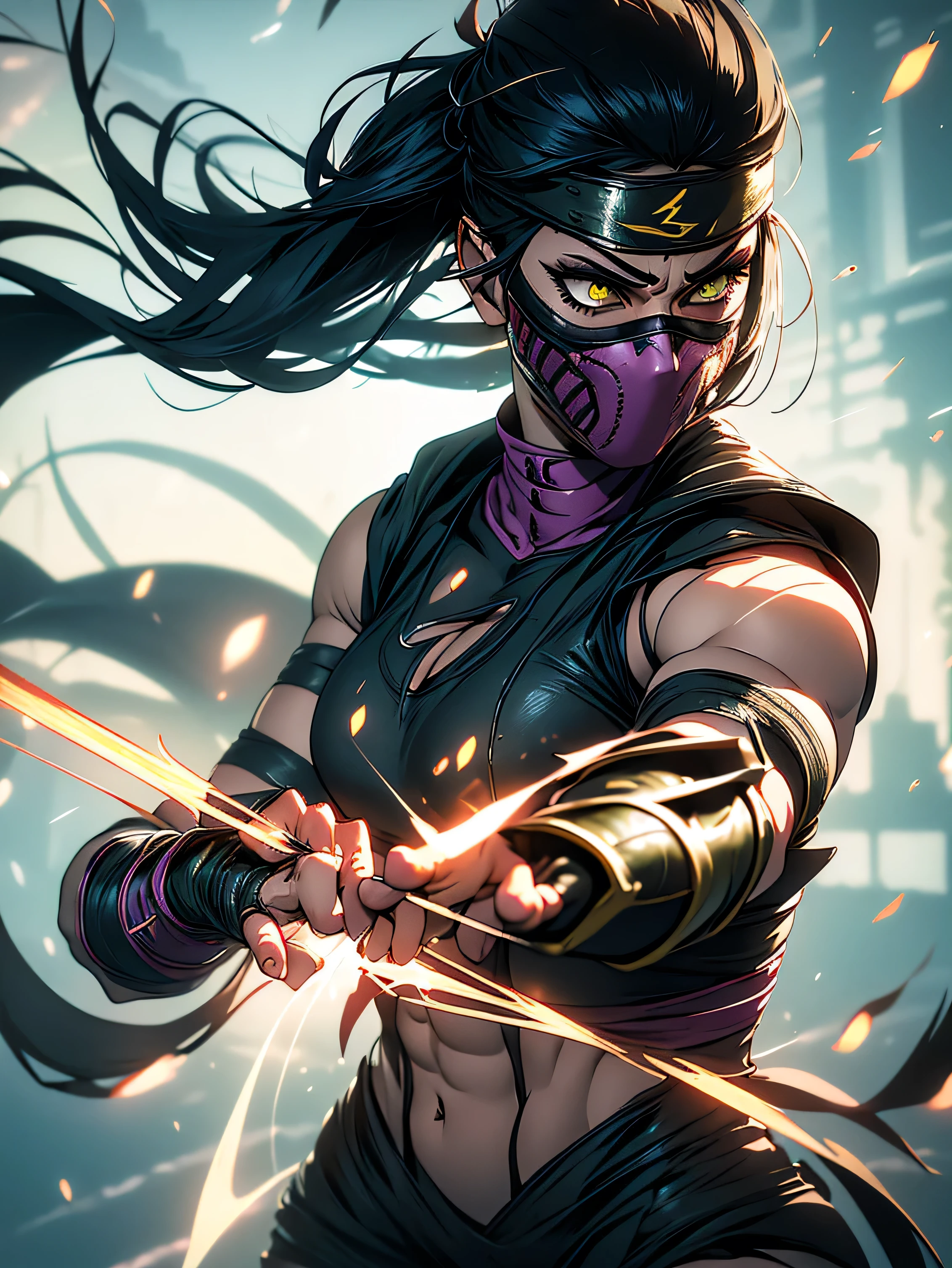 Réaliste, 1fille, Mileena from Combat mortel, Haute qualité, détaillé, (Combat mortel: 1.6), portant un costume de Kakashi, (Réaliste, photo-Réaliste: 1.3), physique tonique, Épaules larges, abdominaux définis, Longues jambes, détaillé outfit, motifs complexes sur le costume, bandeau vert, masque de ninja couvrant la partie supérieure du visage, yeux verts perçants, regard intense, expression déterminée, épée à la main, position prête au combat, épée réfléchissant la lumière, Effet de flou de mouvement, mise au point douce sur les yeux, Cinématique, hyperdétaillé.