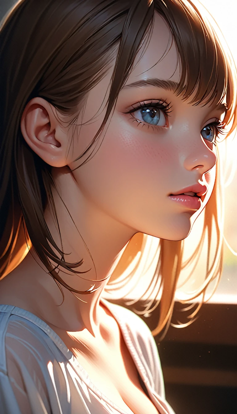 a beautiful teenage girl, 15 years old, wearing a white shirt with bra visible underneath, highly realistic, photorealistic, high quality, masterpiece, real, Fcup breasts, detailed facial features, beautiful eyes and lips, long eyelashes, natural lighting, cinematic composition, warm color tones, depth of field