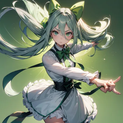 1girl、dynamic composition、((perspective lens, gray hair and light green gradient hair color, long hair、 a dynamic pose with a se...